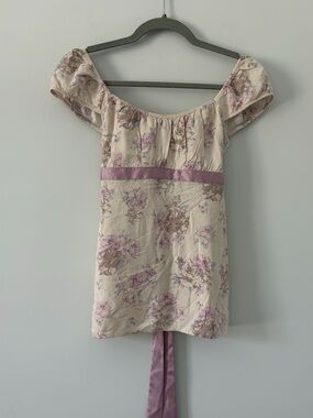 Hollister Easy Satin Cream Lavender Floral Babydoll Y2K Tie Back Blouse S